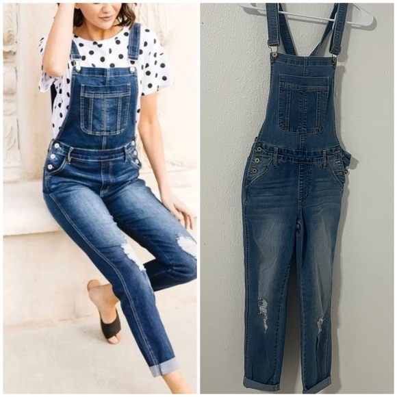 KanCan Women’s Small Dark Wash Distressed Overall Jeans Size Small Cottagecore - Picture 1 of 10